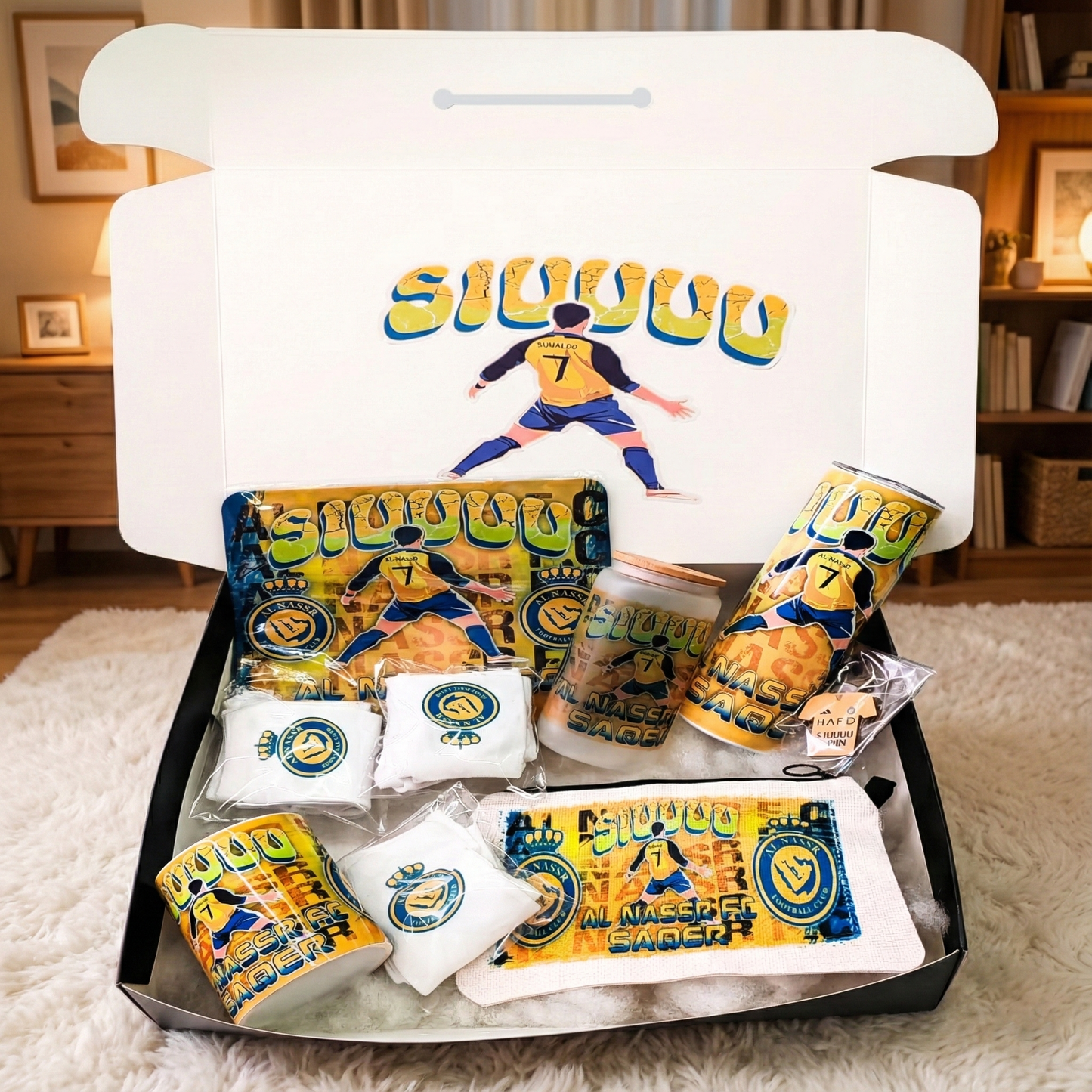 Al Nassr CR7 Fan Box – Custom Name | Includes Mouse Pad, Pouch, Socks & Drinkware Set & More