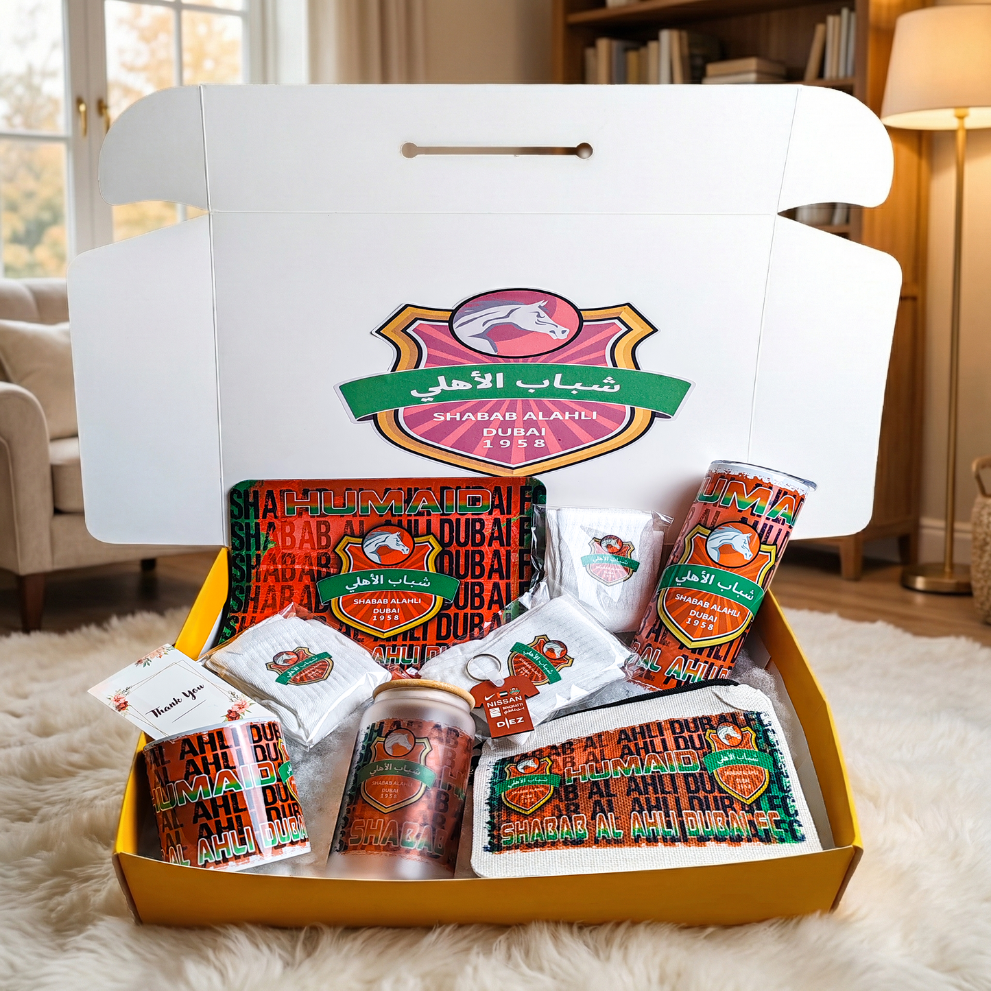 Shabab Al Ahli FC Fan Box – Custom Name | Includes Tumbler, Mug, Mouse Pad, Pouch & More