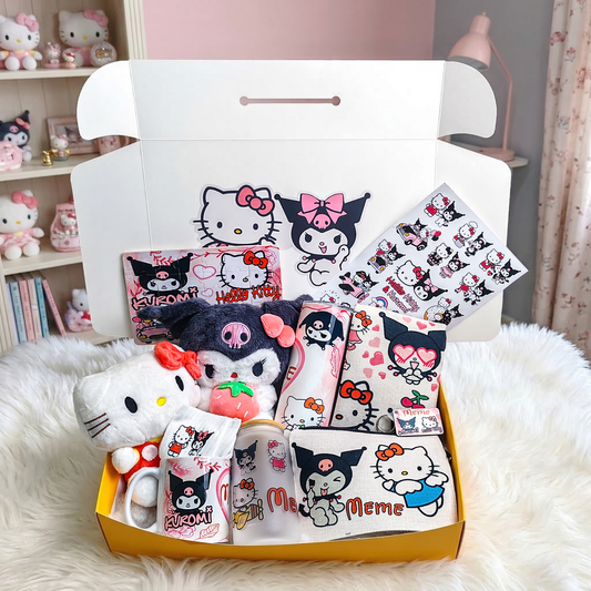 Hello Kitty & Kuromi Ultimate Duo Box – Custom Name | Includes 2 Plushies, Puzzle, Pouch & Drinkware Set & More